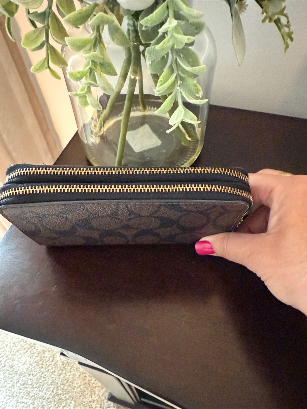 Coach Brown and Black Signature Zip Wallet with Gold Logo - Picture 4 of 9